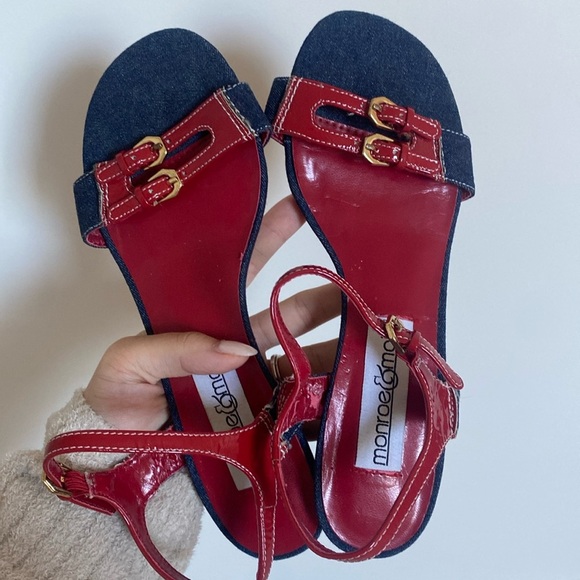 Monroe & Main Maribeth Blue & Red Heels - Picture 1 of 5